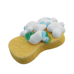 Yellow kitchen sponge with white soap bubbles and green water droplets on a transparent background
