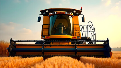 Combine harvester working in a golden wheat field under clear blue sky, showing agricultural machinery harvesting ripe crop in rural landscape during sunny day