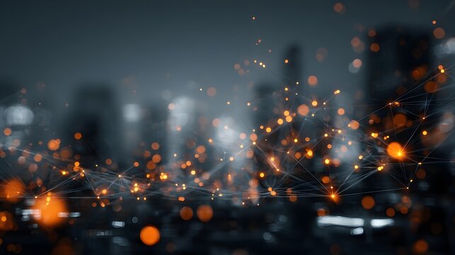 Digital network visualization overlays a blurred cityscape with glowing points of light.