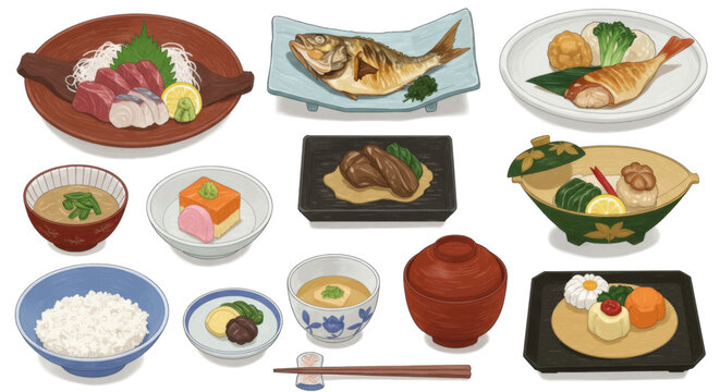 A collection of traditional Japanese dishes, showcasing diverse culinary offerings and presentation styles