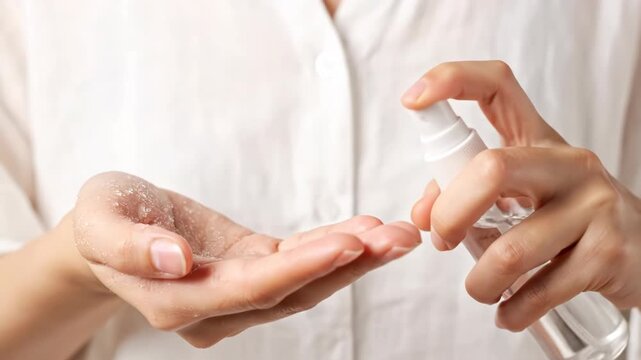 Closeup of a persons hands applying hand sanitizer from a clear spray bottle onto their palm for hygiene and protection vector illustration