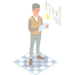 Elderly Man In Tan V-Neck Sweater And Light Grey Trousers Holds Tablet Near Financial Chart With Bitcoin Symbol And Green Line Graph On Transparent Background