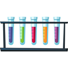 Five colorful liquid filled laboratory test tubes in a rack on a transparent background scientific research and development concept