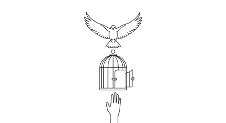 Naklejka premium Symbolic freedom illustration featuring a bird soaring upwards from an open cage above a reaching hand, representing hope and liberation