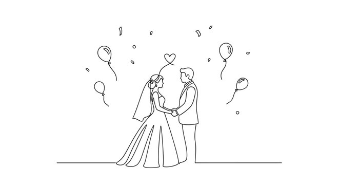 Elegant wedding line art featuring a happy couple holding hands surrounded by balloons and confetti, perfect for modern wedding invitations or design projects - Powered by Adobe