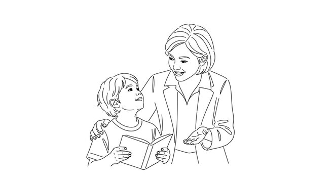 Caring teacher supports student with reading, fostering a love of learning and building confidence in a minimalist illustration, perfect for education materials