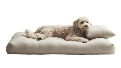 Small, fluffy dog resting peacefully on a comfortable, neutral-toned bed