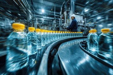A production line of clear plastic water bottles on a curved conveyor, yellow caps, in a busy factory with a worker overseeing the process.