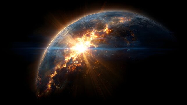 A celestial body with glowing bright light and fiery clouds.