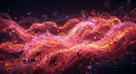 Abstract energetic glowing wavy strands with sparkling particles in a dark ethereal background