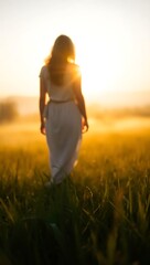 Obraz premium Generative AI serene woman in golden field at sunset.