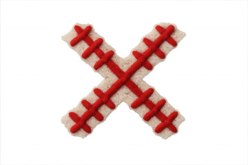 Obraz premium Letter x symbol crafted from knitted fabric with red stitching, representing a concept, sign, mark or wrong choice on transparent background