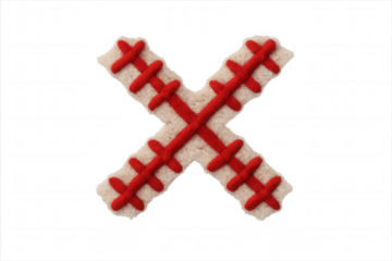 Letter x symbol crafted from knitted fabric with red stitching, representing a concept, sign, mark or wrong choice on transparent background