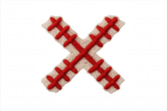 Letter x symbol crafted from knitted fabric with red stitching, representing a concept, sign, mark or wrong choice on transparent background