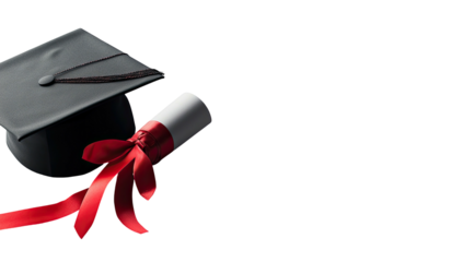 Diploma tied with red ribbon and graduation cap