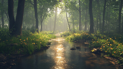 Obraz premium Enchanting sunlit forest stream with vibrant wildflowers for stunning nature scenery and peaceful outdoor lifestyle content, perfect for travel inspiration