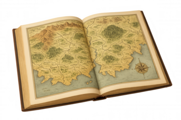 Open book presenting a vintage style fantasy map with mountains, forests, and a compass rose, transparent background