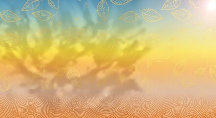 Abstract colorful gradient background with sketched leaves and circular pattern