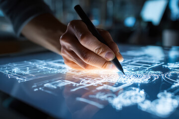 Designer working on technical blueprints on a digital tablet with a stylus