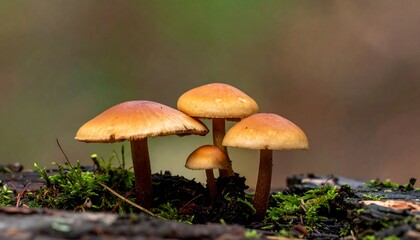 A cluster of small, orange-brown fungi on moss-covered wood