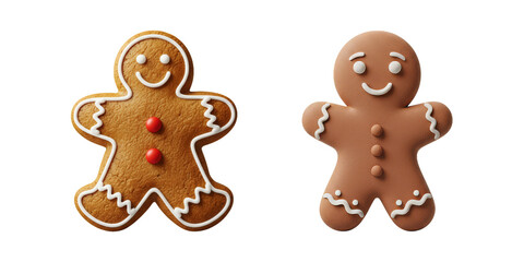 Traditional baked gingerbread men cookies, decorated with festive icing and candy, smiling faces, isolated on transparent background, sweet holiday treat for Christmas.