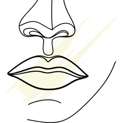 Minimalist continuous line drawing lips nose with abstract yellow shapes face