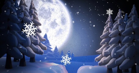 Naklejka premium Image of snow falling over full moon in winter scenery background