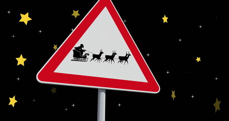 Fototapeta premium Image of sign with santa in sleigh over stars