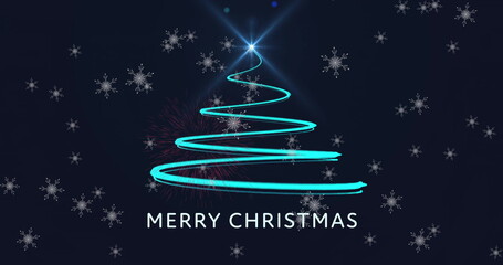 Image of christmas tree decoration over stars falling on black background
