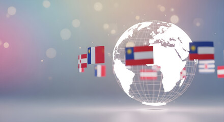 Global communication concept with national flags surrounding a transparent world globe