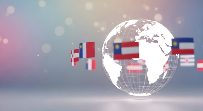Global communication concept with national flags surrounding a transparent world globe