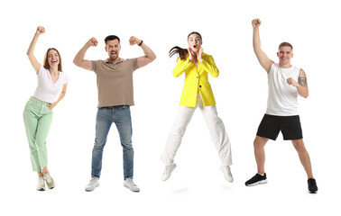 Obraz premium Winner. Happy people celebrating victory on white background