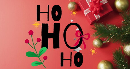Image of ho text over christmas decorations on red background © vectorfusionart