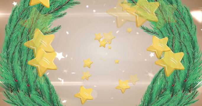 Naklejki Image of stars floating over christmas wreath