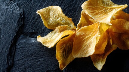 Golden yellow dried flower petals arranged on dark stone.