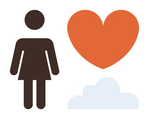 Female silhouette alongside a red heart and a light blue cloud. Ideal for mental health, love, care, compassion, self-reflection, relationships, emotional support. Simple flat metaphor