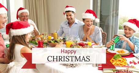 Wearing Santa hats, family celebrating Christmas dinner with festive meal together