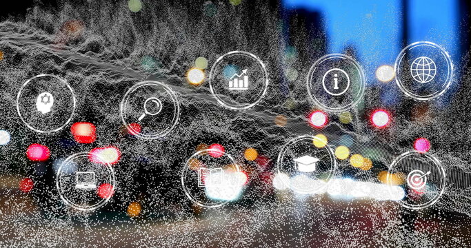 Image of white spots and media icons over cityscape