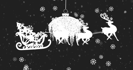 Image of santa claus in sleigh with reindeer moving over christmas bauble decoration