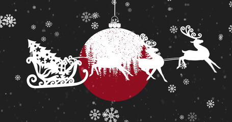 Image of santa claus in sleigh with reindeer moving over christmas bauble decoration