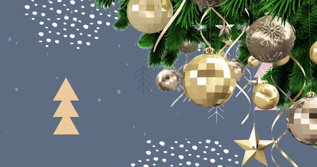 Image of snowflakes falling over baubles decoration on christmas tree