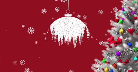 Hanging bauble decoration and snow falling over christmas tree against red background