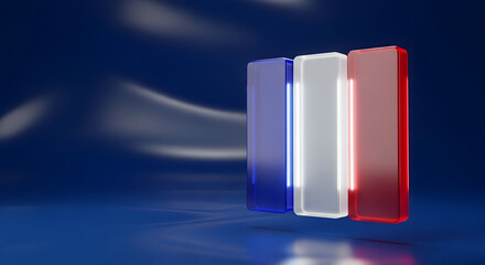 Abstract French flag design with glowing blue white and red vertical bars on a dark blue background