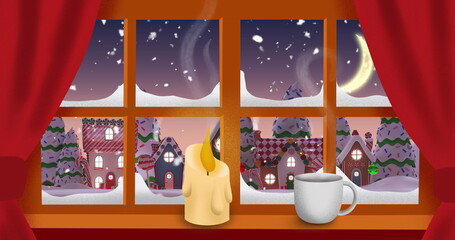 Burning candle and coffee cup over window frame against snow falling over winter landscape