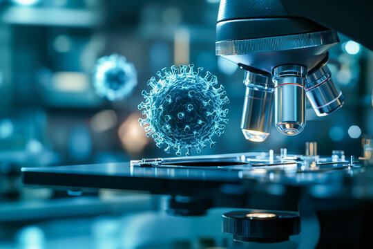 Advanced microscope examining a virus model in a scientific laboratory