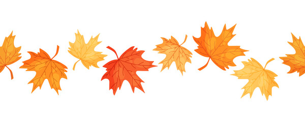 Beautiful seamless border with orange and yellow maple leaves perfect for autumn design, invitations, cards, wrapping paper and seasonal decorations