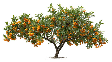 Tangerine Tree with Orange Flowers and Tiny Fruits Isolated on Transparent Background