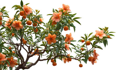 Tangerine Tree with Orange Flowers and Tiny Fruits Isolated on Transparent Background