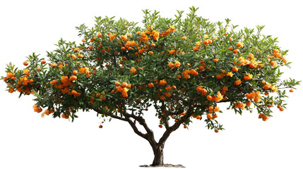 Tangerine Tree with Orange Flowers and Tiny Fruits Isolated on Transparent Background