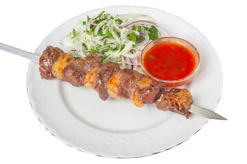 Grilled Liver Skewer with Fresh Onion Salad and Spicy Sauce on a White Plate isolated